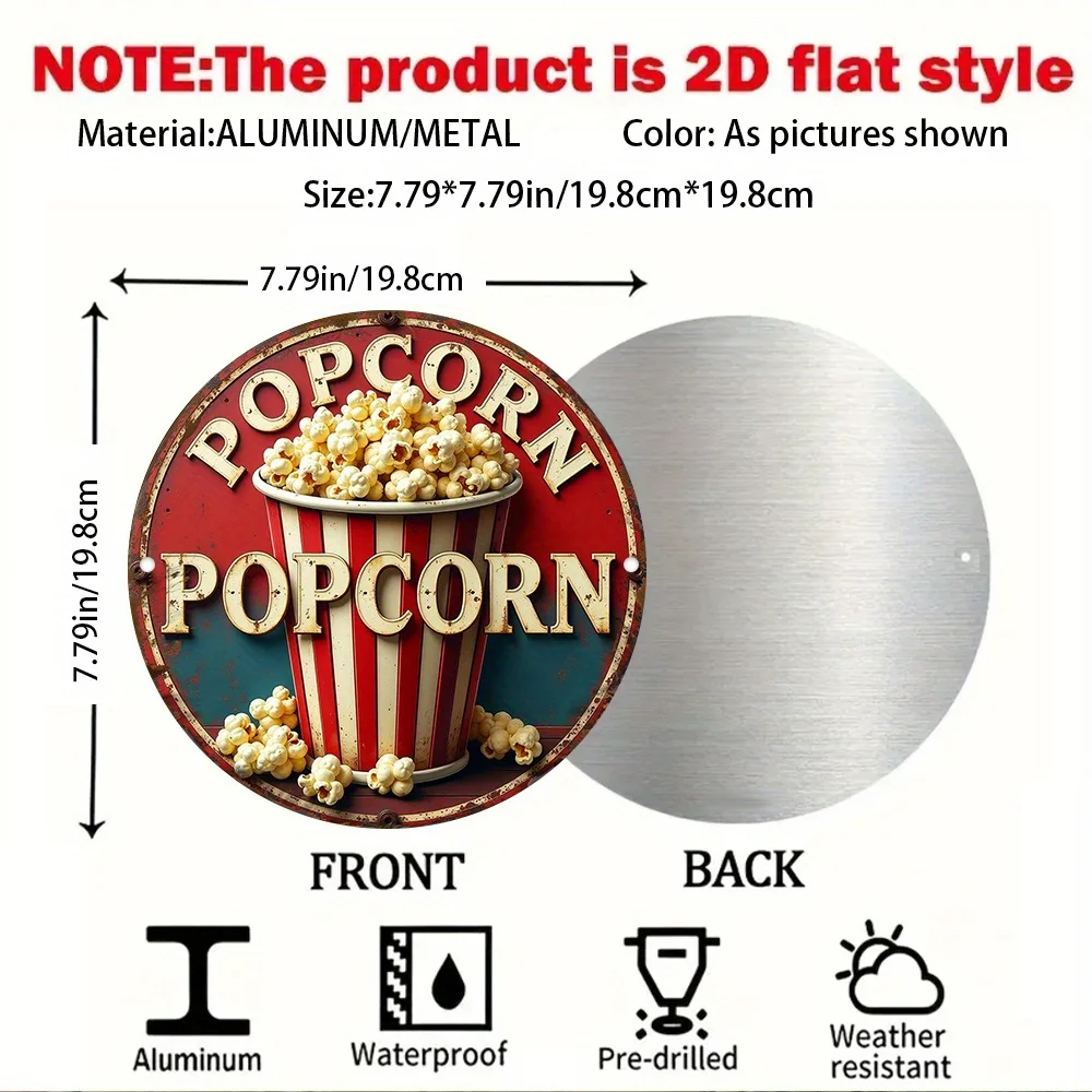 2D Retro Popcorn Wall Decor Sign - 7.8-Inch Round Aluminum Nostalgic Cinema Decoration Featuring Vintage Fonts And Popcorn Illus
