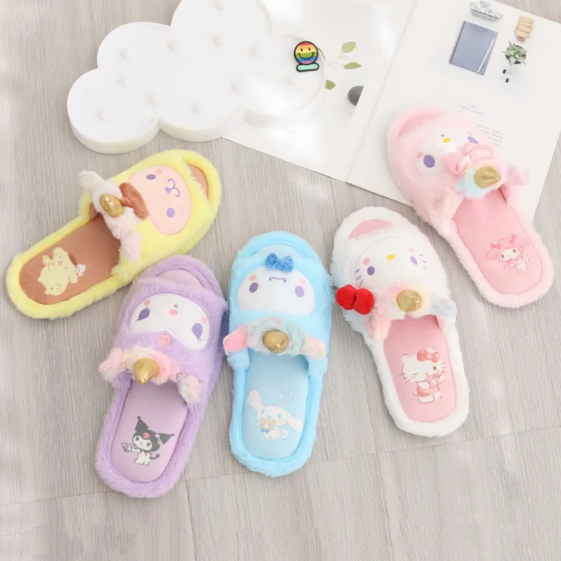 Sanrio Hello Kitty cute sweet warm home women's shoes Kulomi cartoon unicorn series non-slip open-toed cotton slippers