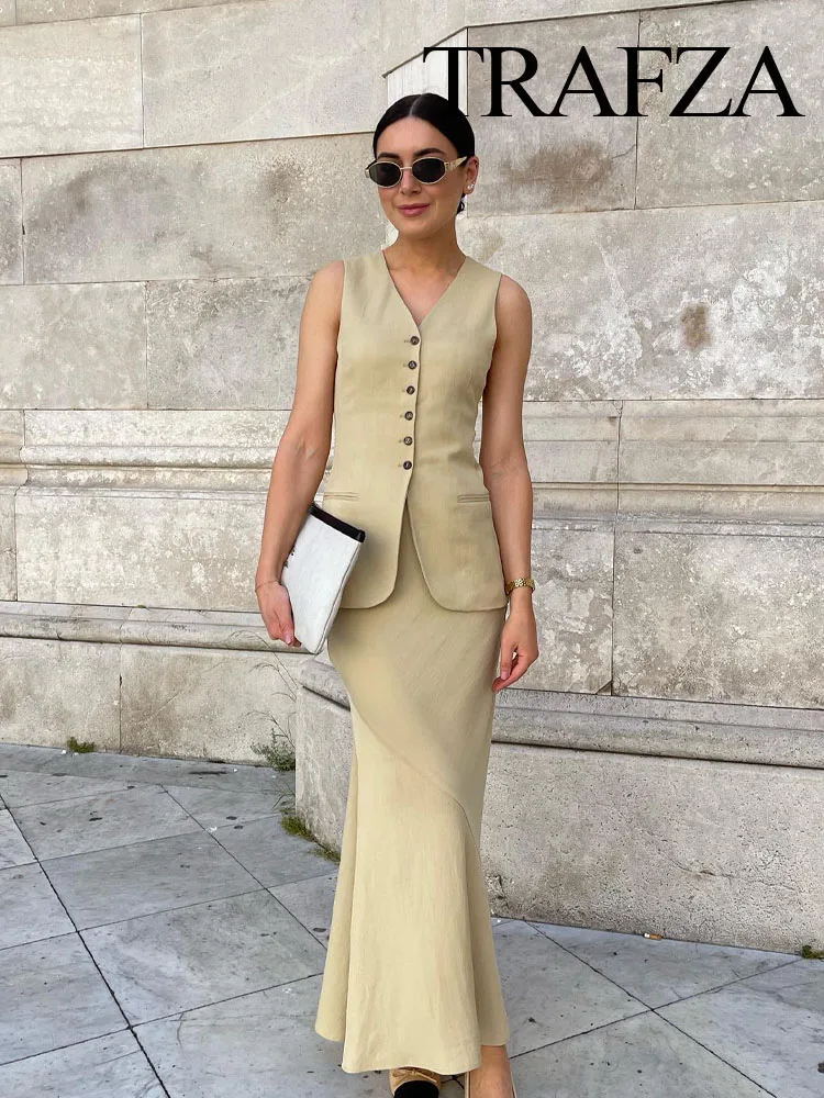 TRAFZA Summer Fashion Women Suits Khaki V-Neck Sleeveless Pockets Single Breasted Waistcoats+High Waist Asymmetrical Slim Skirt