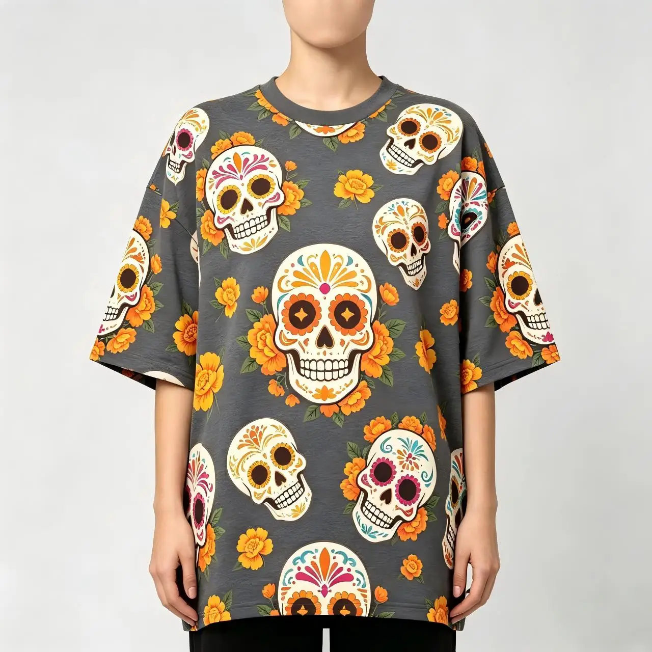 Men Women Teen Dia De Los Muertos Sugar Skull Marigold All Over Print T‑Shirt Casual Short Sleeve Crew Neck Tee