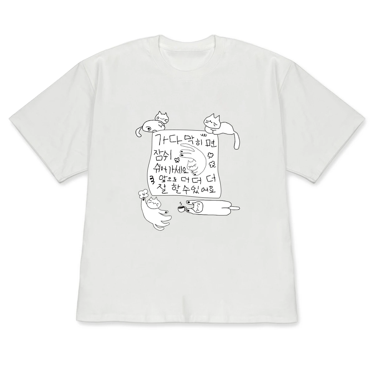 Kawaii Clothes Minimalist Korean Cat Print Short Sleeved Graphic Tee Funny Hand-drawn Casual Top Stylish Kawaii Crew Neck Tshirt