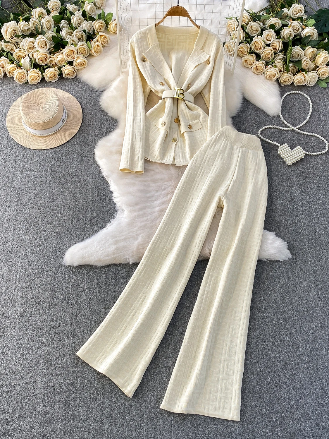 Ele Metal Button-Up Knitted Jaet High Waist Suit Collar Two-Piece Set Slimming Waist Wide Leg Pants Faionable Ensemble