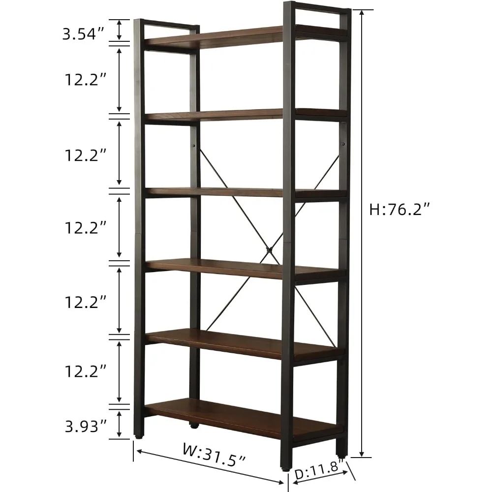 Natural Real Wood Bookcase,Industrial Bookshelf,6 Tier Solid Wood Open Book Shelf Storage,Metal Shelving Unit,Farmhouse Wide