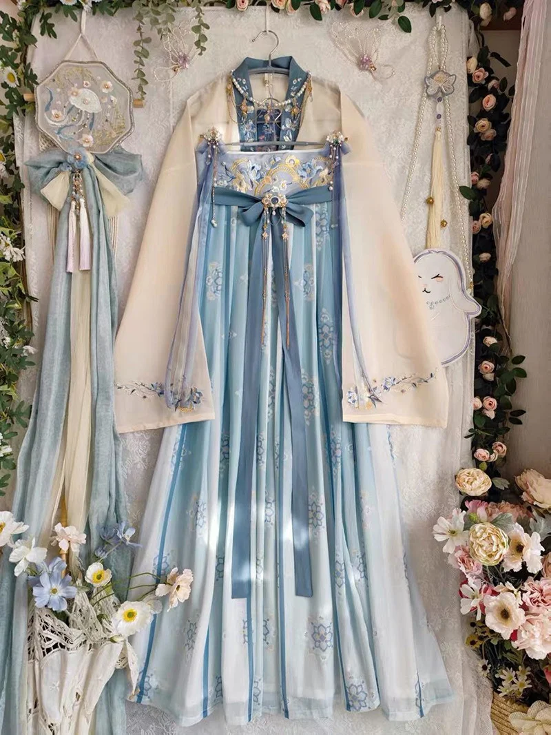 Robe Hanfu brodée traditionnelle chinoise des Prairies pour femmes, costume de cosplay nickel é, bleu, été