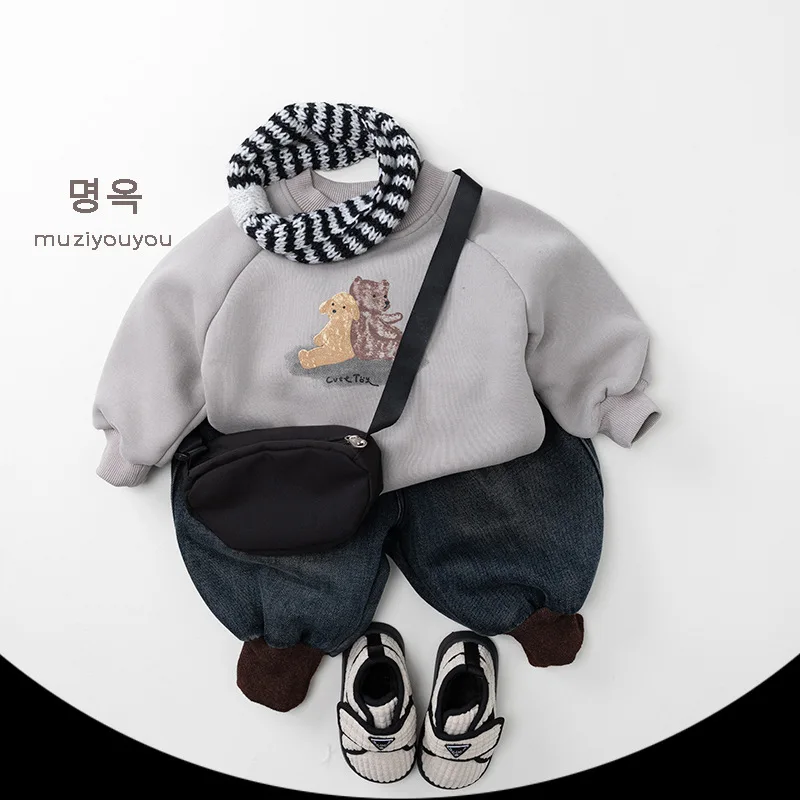 2025 شتاء جديد الأطفال الصوف سراويل جينز موضة الاطفال سراويل تقليدية الفتيان زائد المخملية سميكة الجينز طفل الفتيات بناطيل تدفئة #3