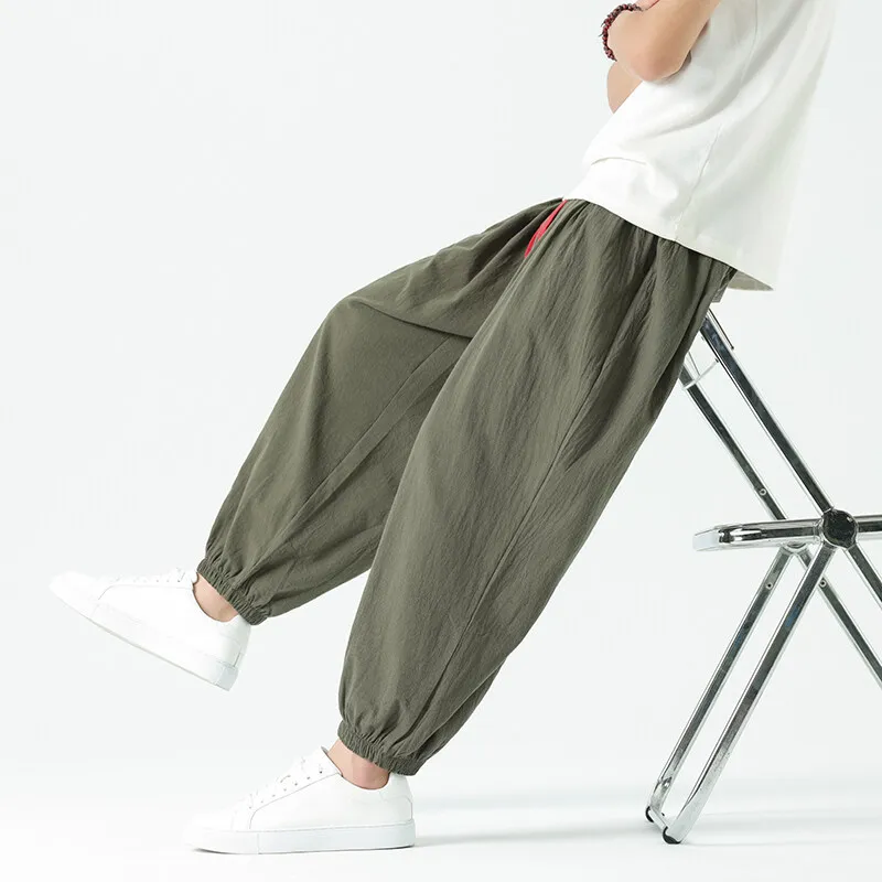 Summer Linen Cotton Harem Pants Men's Loose Jogger Chinese Style Plus Size 9/10 Length Trousers