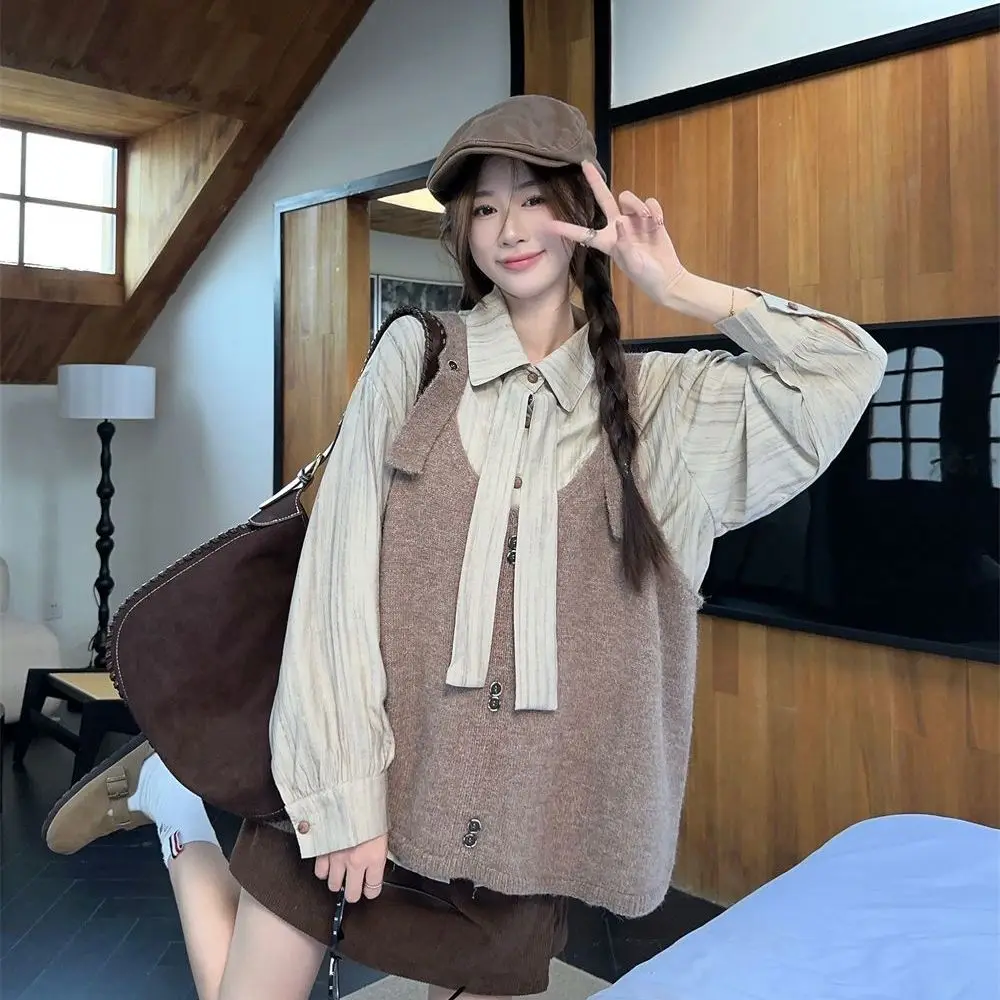 

Japan Retro Style Layered Knitted Vest Vest Striped Loose Long-Sleeved Shirt 2026 Autumn New Fashion Suit For Women