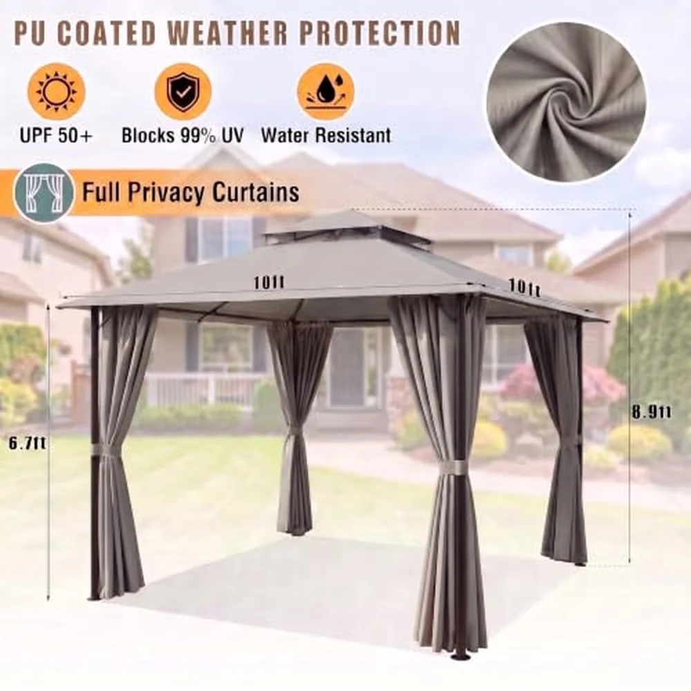 10x10 FT Outdoor Gazebo Soft Top Patio Gazebo with Ventilated Double Tier Roof Heavy Duty Metal Frame Canopy with