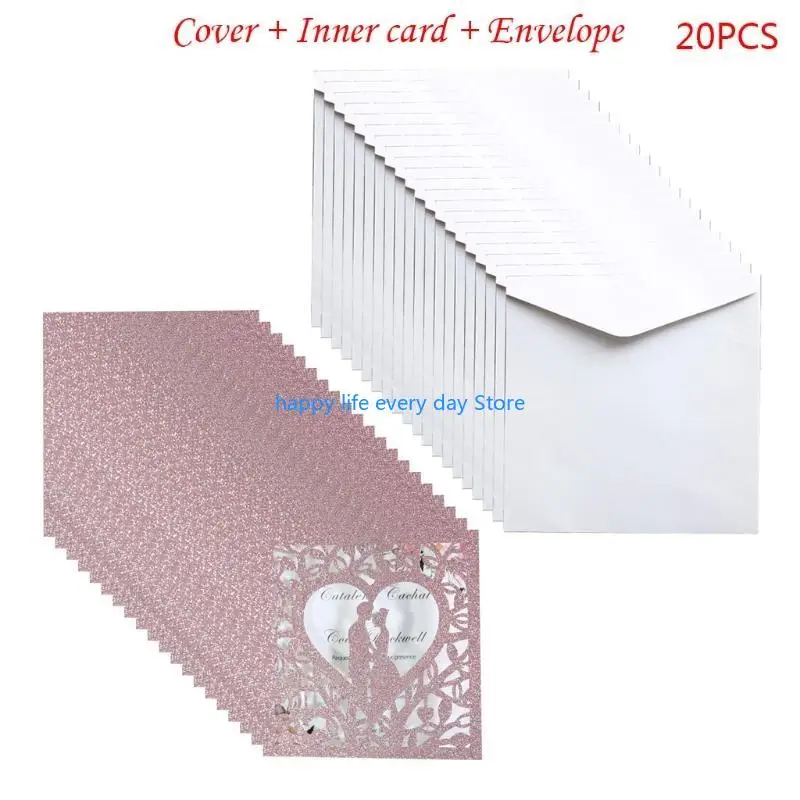 

T8UC 20pcs/set Wedding Invitations Cards Glitter Hollow Greeting Card Invite Envelopes Bridal Shower Supplies