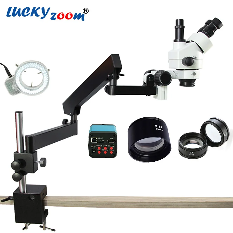 3.5X-90X Simul Focal Articulating Arm Pillar Stand Stereo Microscope 14MP HDMI Camera 144LED Light Phone Microscopio