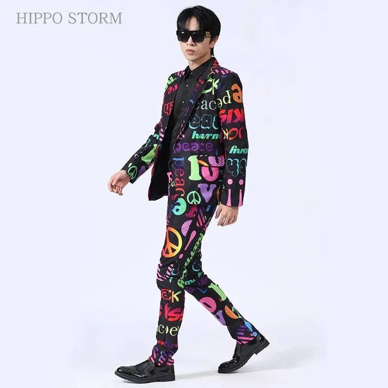 Korean Slim Letter Printed Suit Pants Outfits Hairdresser Nightclub Bar Male Singer Dance Stage Outfit Men Clothing Size S-5XL