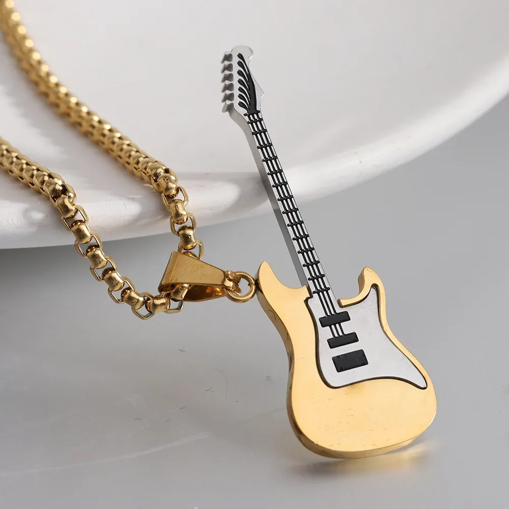 Fashion Stainless Steel Guitar Pendant Free Engraved Hip Hop Lovers Instrument Track Chokers Necklaces Birthday Party Jewelry