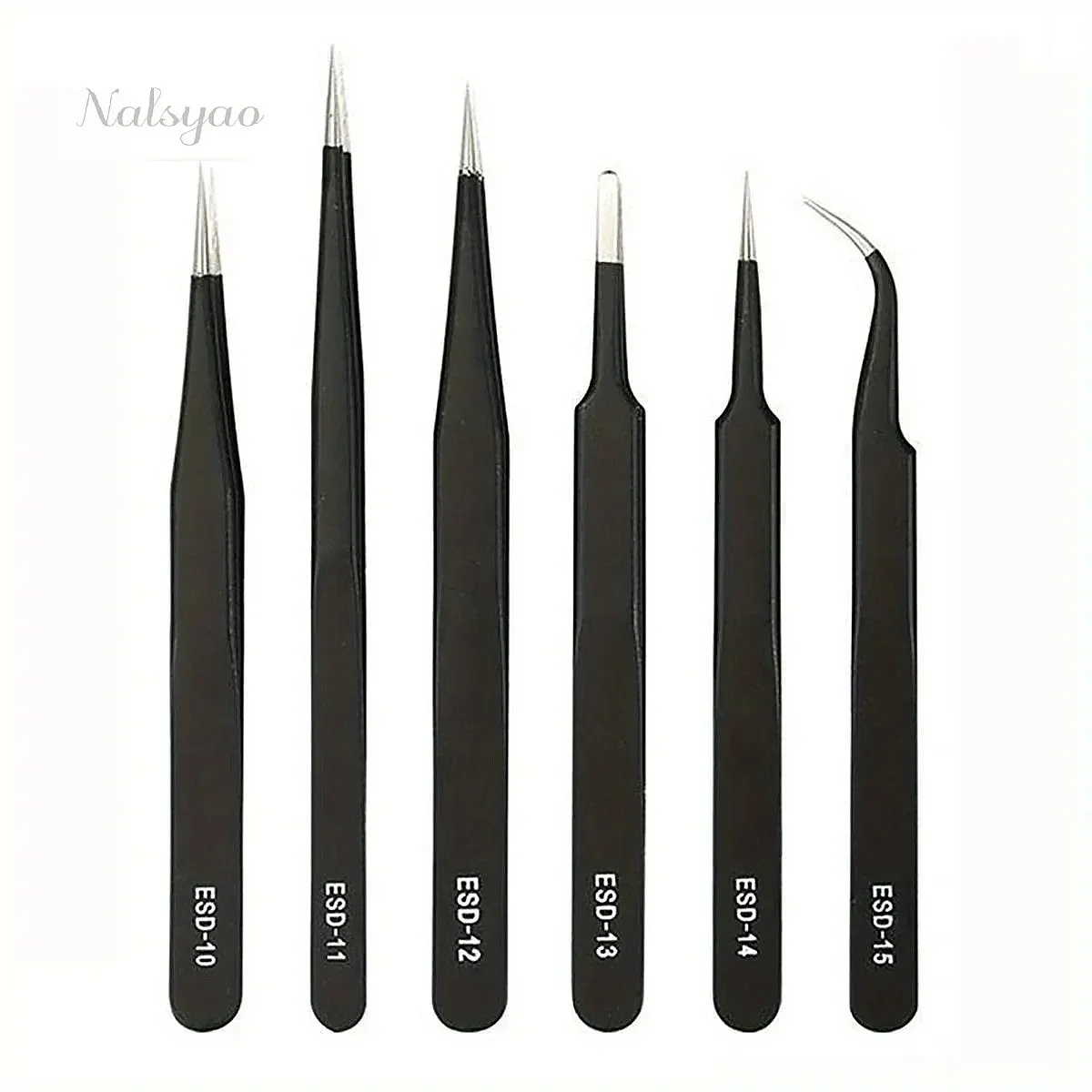 Precision ESD Anti-Static Tweezers Set 6-PC Durable Stainless Steel Tool for Electronic Repair Bending Process Modeling