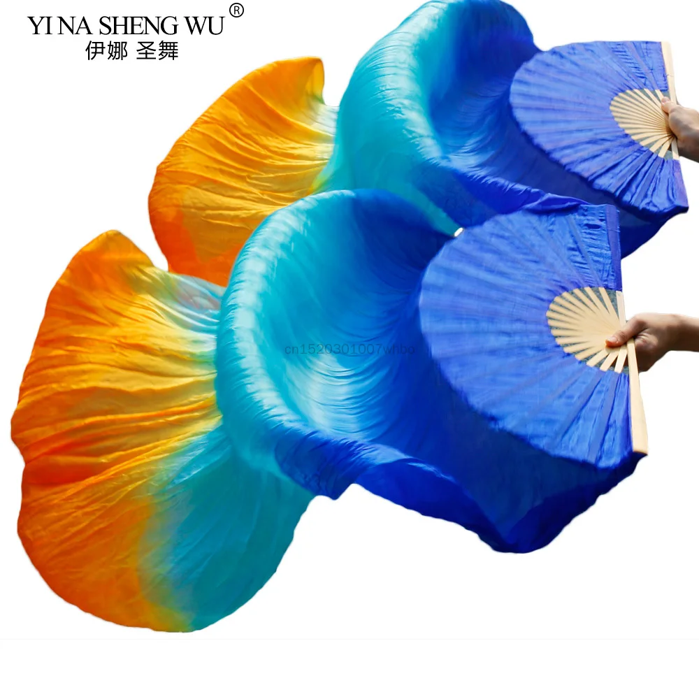 Najnowsze wachlarze do tańca brzucha, 100% jedwab, ręcznie robione wachlarze taneczne, 1 wachlarz na lewą rękę + 1 wachlarz na prawą rękę, królewski niebieski + turkusowy + pomarańczowy jedwabny wachlarz