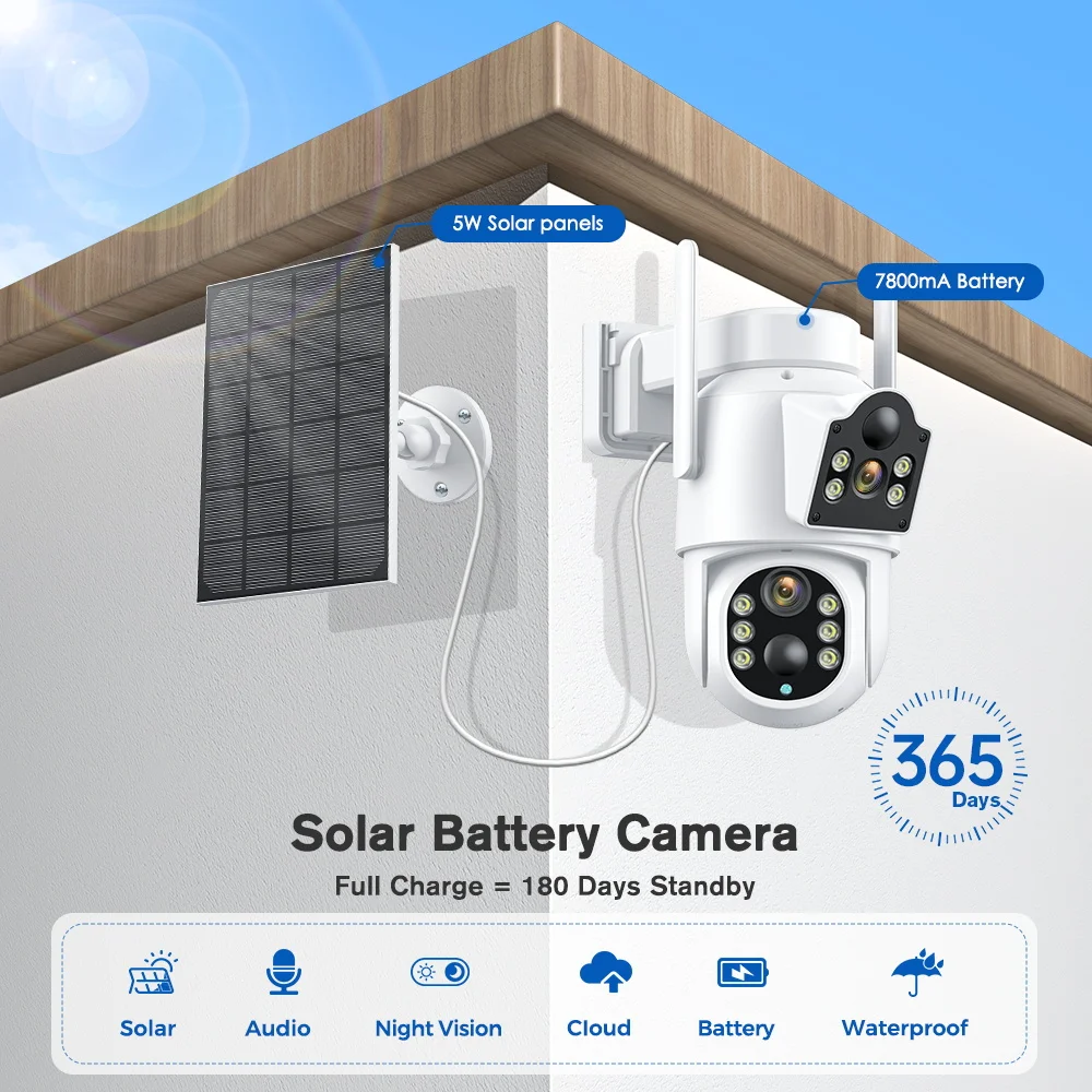 4K 8MP WiFi PTZ Camera Outdoor Solar IP Camera PIR Night Vision CCTV Security Protection Monitor Long Time Standby iCsee APP