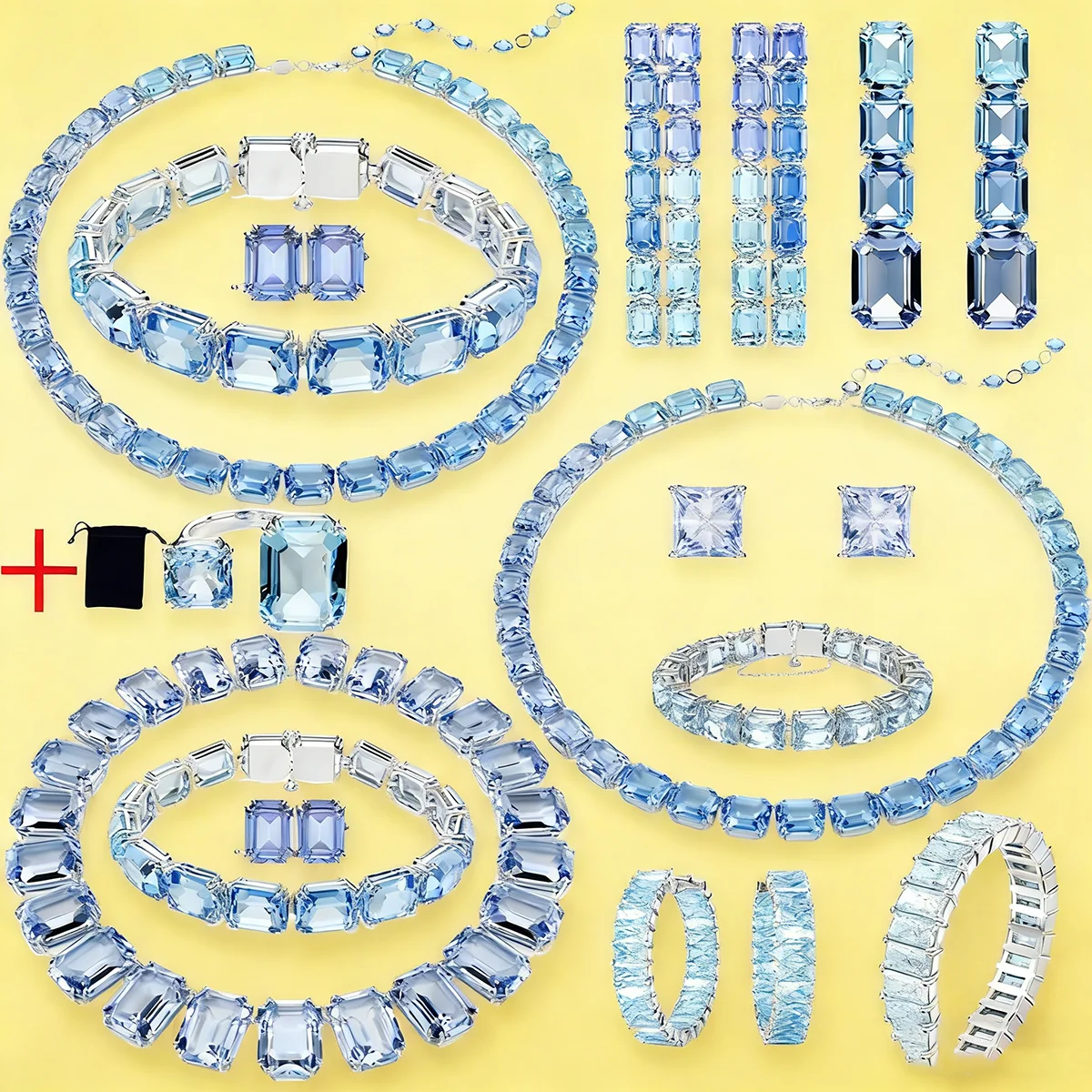 

Blue Square Diamond Earrings and Necklace Set with Mixed Cut - Festive Christmas Present