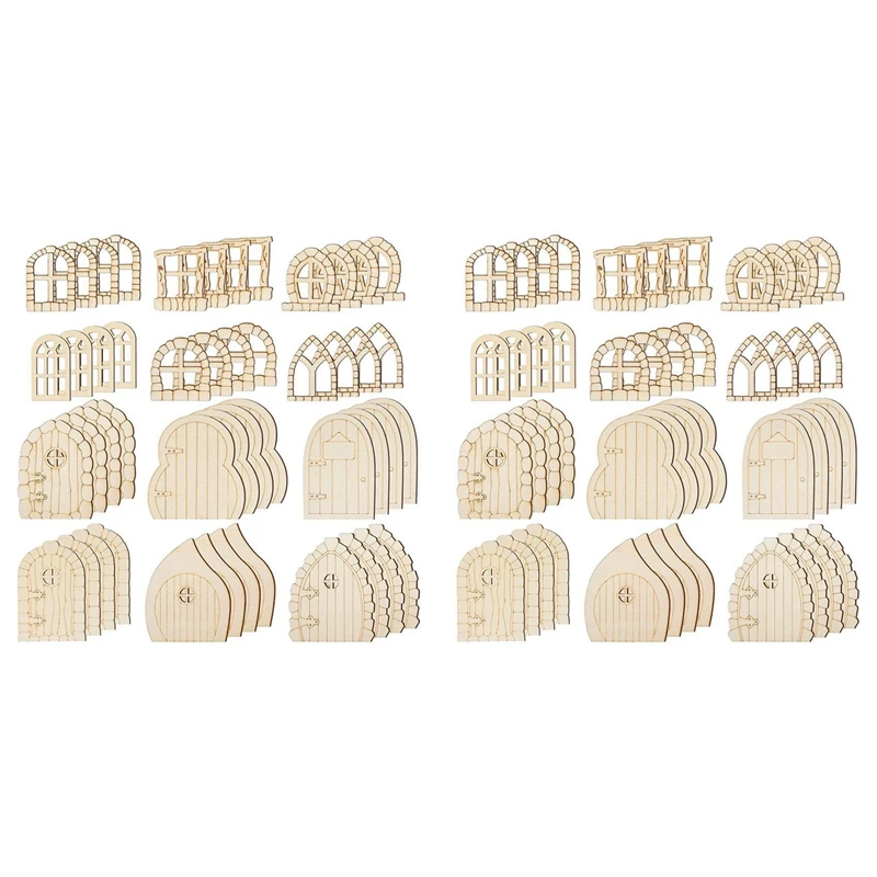 【HOT】96 Pcs Fairy Door Wooden Garden Doors Craft Mini Window Fairy House Kit Unfinished Miniature Door Unpainted Fairy Window