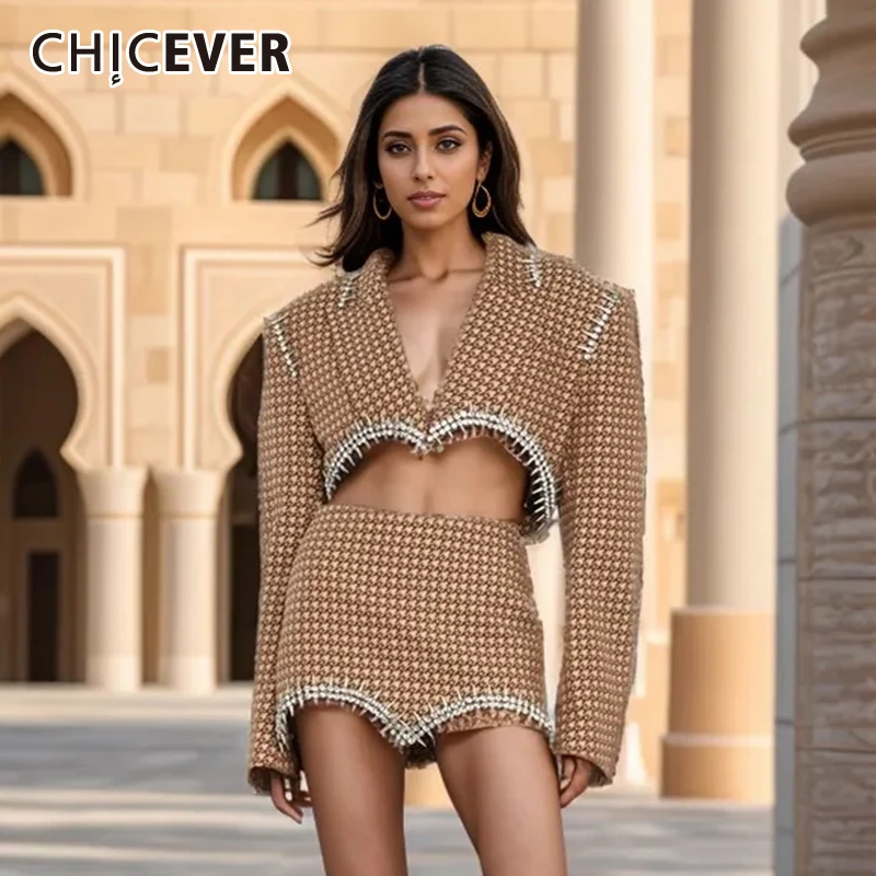 

CHICEVER Chic Two Piece Set For Women Notched Collar Long Sleeve Spliced Rivet Blazer High Waist Plaid Skirt Slim Set Female New