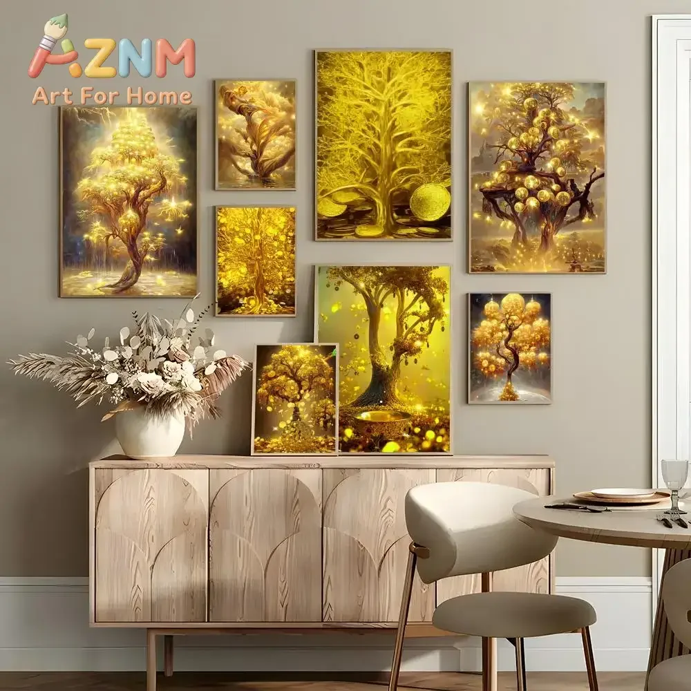AZNM Golden Money Tree Canvas Painting Frameless Wall Art Glowing Wealth Tree Coin Fantasy Abstract Poster Living Room Home Deco