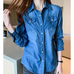 Spring Autumn Women's Denim Shirt Single Breasted Pocket Office Ladies Blouse Lapel Collar Street Korean Style Shirt Female Coat