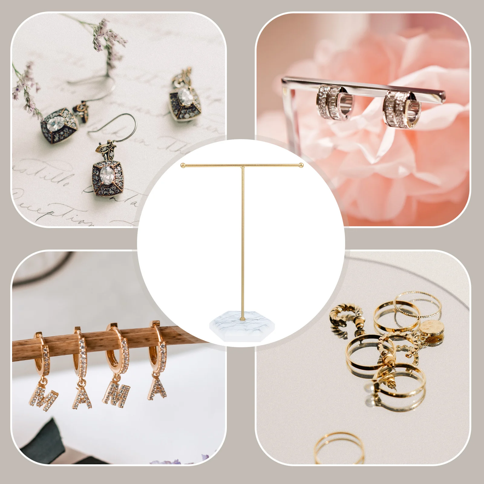 Iron Art Jewelry Storage Rack Stable Marble Base Earring Stand Holder Organizer Display Rack Practical for Bedroom Bathroom