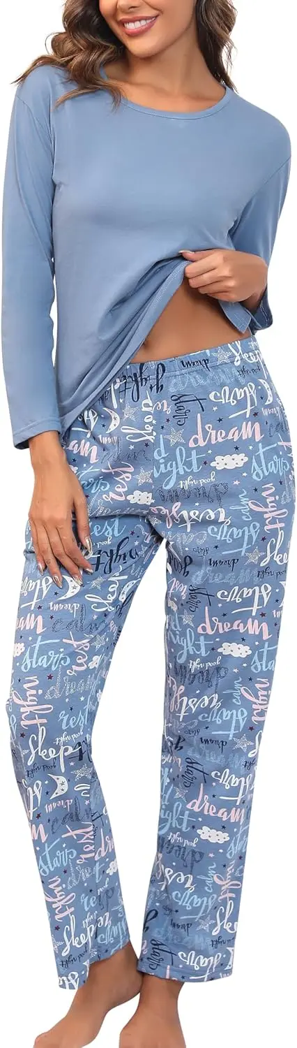 

Women's Cotton Long-Sleeve Tops and Full-Length Pajama Set Two-Piece Pjs with Pockets SY008