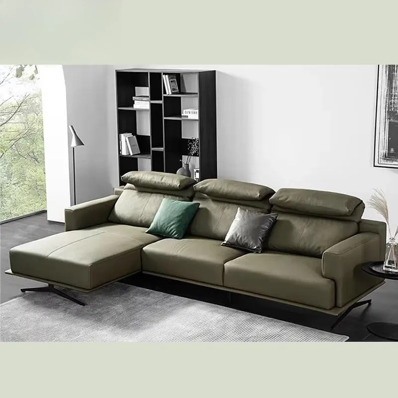 Olive Green Leather L Shaped Sofa with Adjustable Headrest and Star Base Lounge Chair for Living Room Hotel