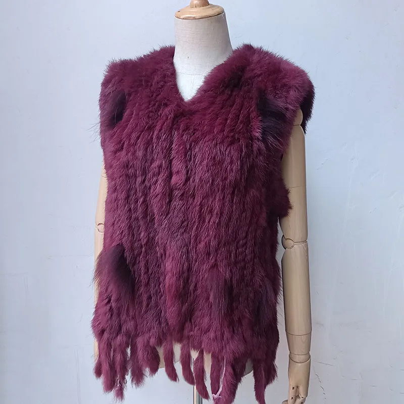 Gilet en fourrure véritable bordeaux avec pompon pour femme, col en V, gilet en fourrure de lapin naturel, neuf, offre spéciale, 2006, 2024