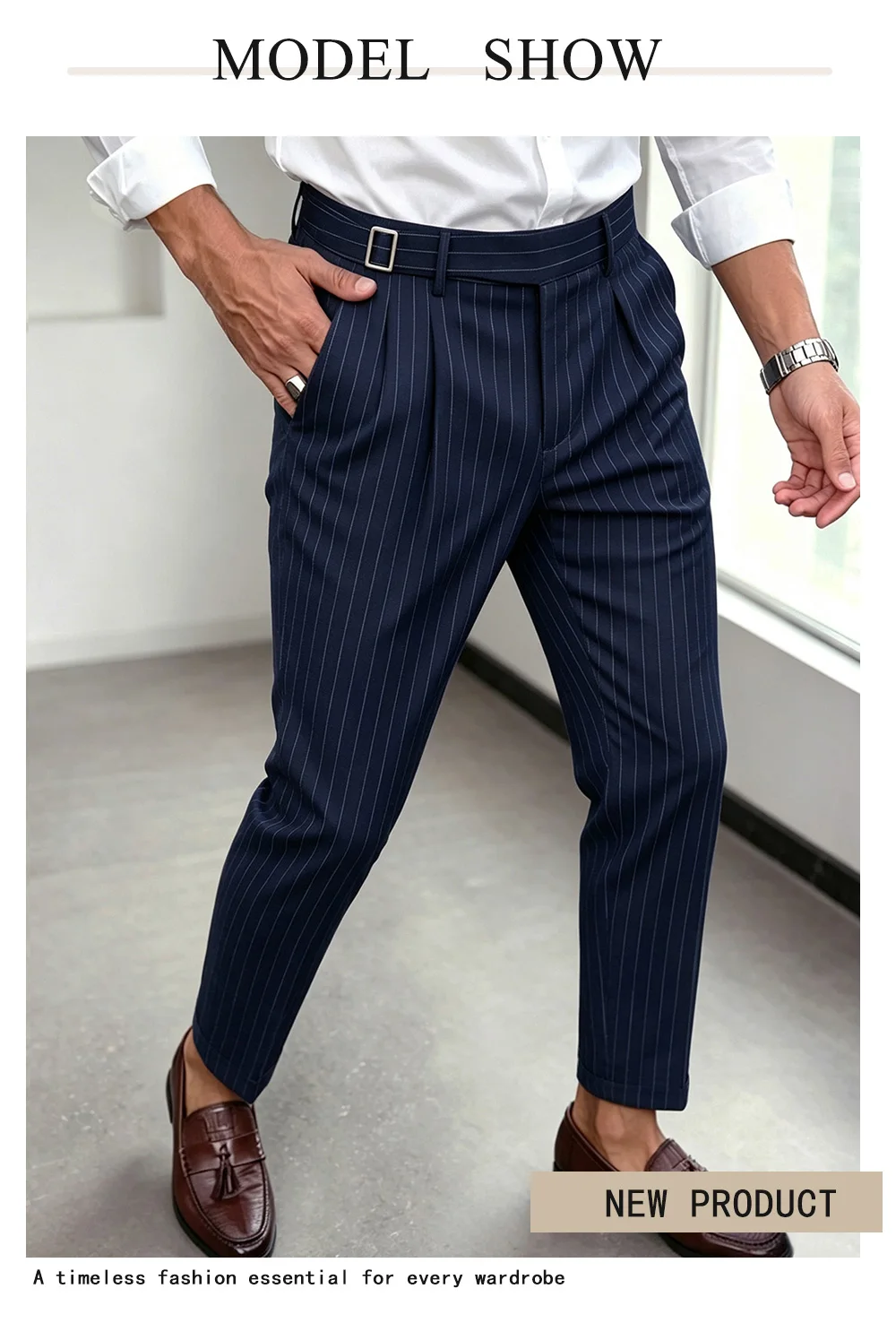 Sommer- und Ganzjahres-Herrenhose mit Streifenmuster, verstellbare Taille, Taschen, taillierter Schnitt, Business-Casual-Arbeitshose – Detail 2