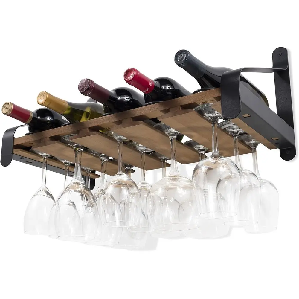 Barrel Wall Mount Floating Wine Rack with Glassware Holder Stemware Shel Organizer for 5 Bottles and up to 15 Glass Storage - Ki