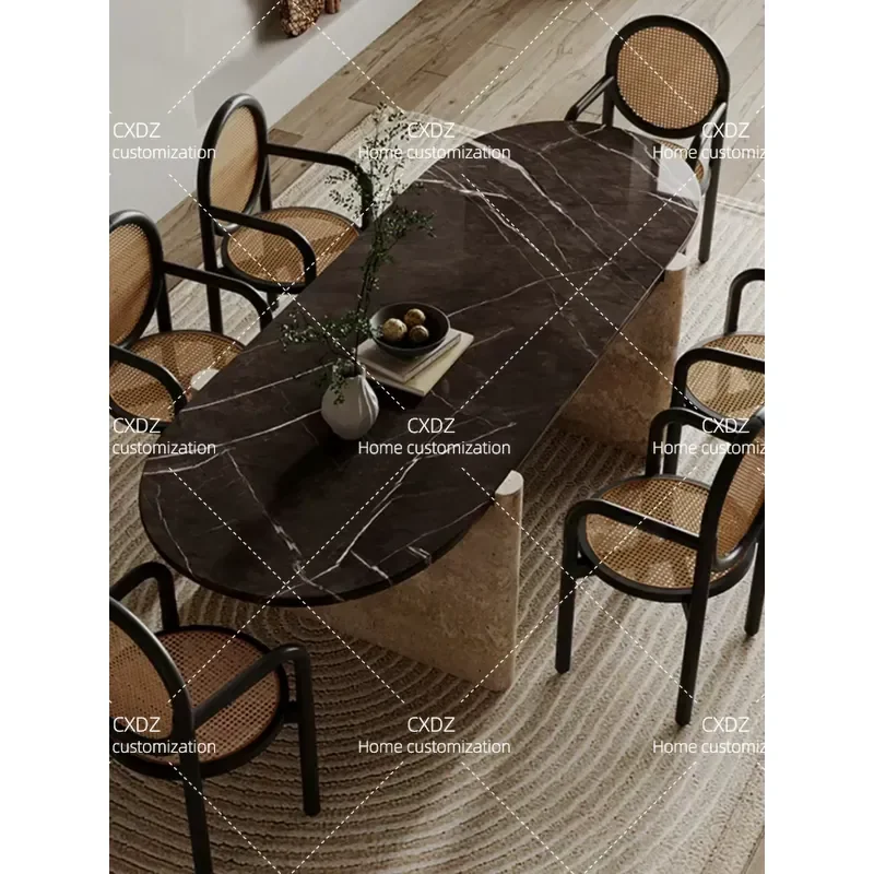 Light luxury high-end natural marble dining table household rectangular thickened travertine elephant white dining table