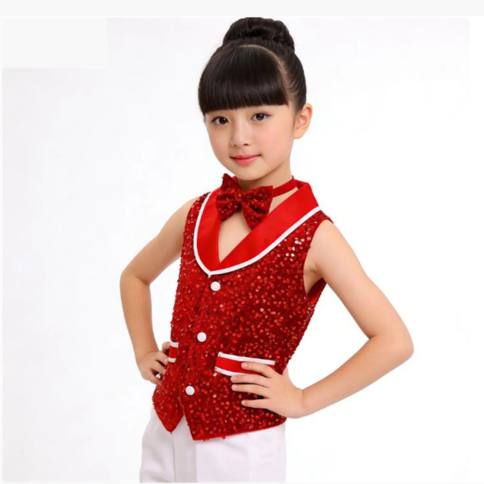 Kids Boys Girls Sparkling Sequins Velvet Disco Vest Jazz Hip Hop Dance Party Performance Costume Buttons Waistcoat with Bowtie