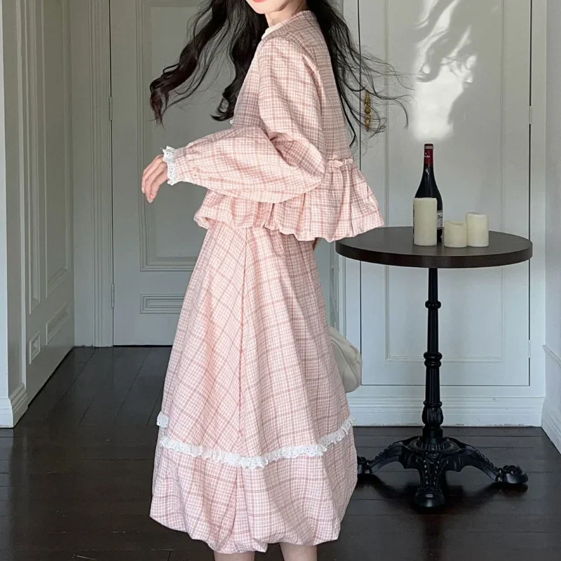 Sweet Girls Pink Plaid A-line Skirts Women Vintage Long-sleeved O-neck Ruffle Tops with Kawaii High Waist Bow-tie Skirt Suits