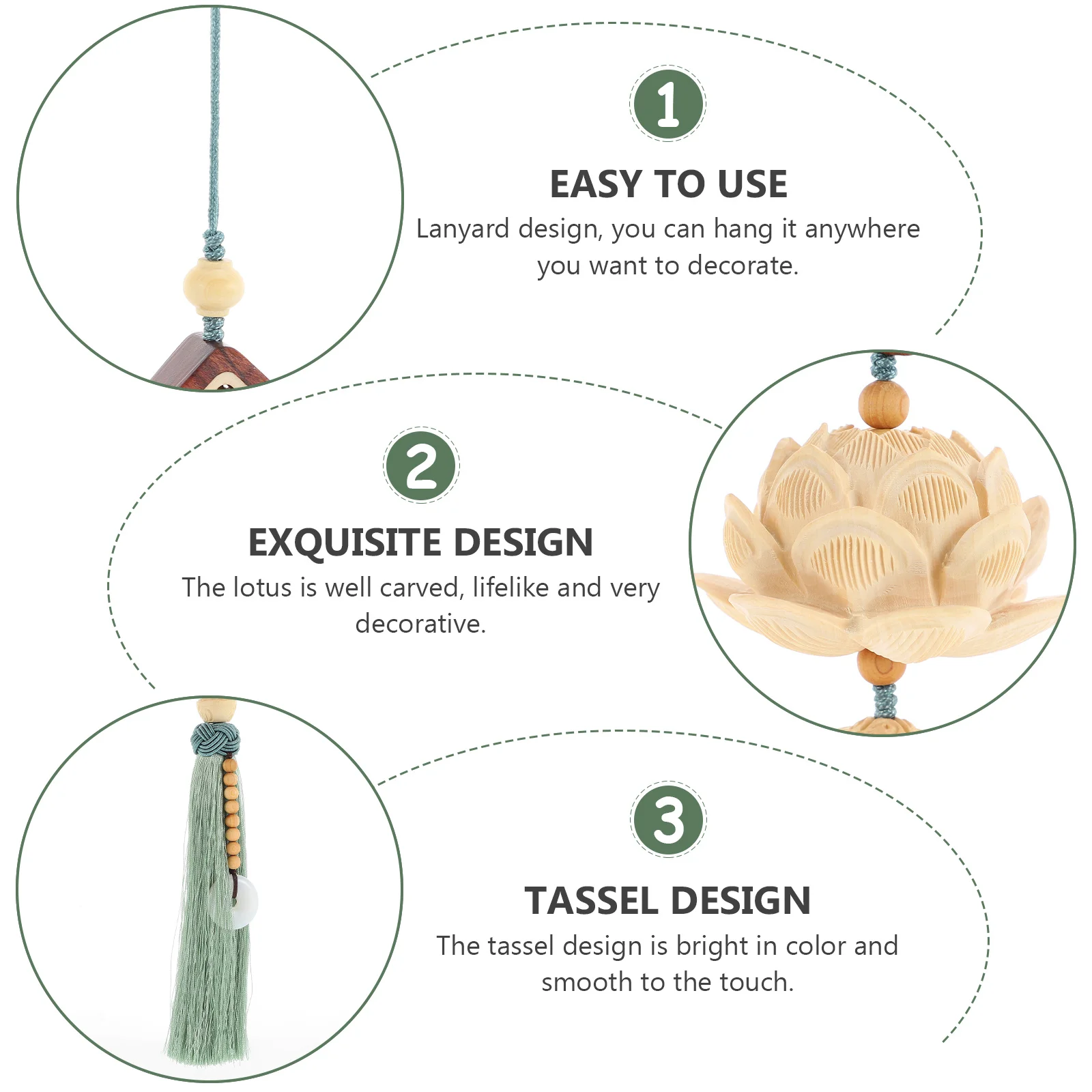 

Lotus Pendant Carved Wooden Rearview Mirror Hanging Decor For Car Interior Tassel Pendant Car Ornament Keychain