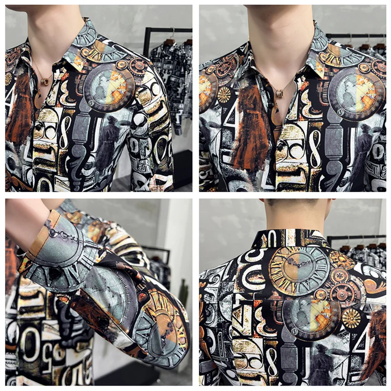 Vintage Street Graffiti Printing Shirts For Men Long Sleeved Slim Fit Korean Fashion Men Shirt Party Club Social Tops Hombre 6XL