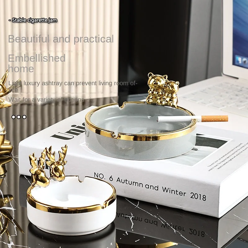 Nordic Luxury Golden Deer Ashtray Home Living Room Decoration Cartoon Animal Ashproof Car Ashtray Ceramic Crafts Gift Home Decor