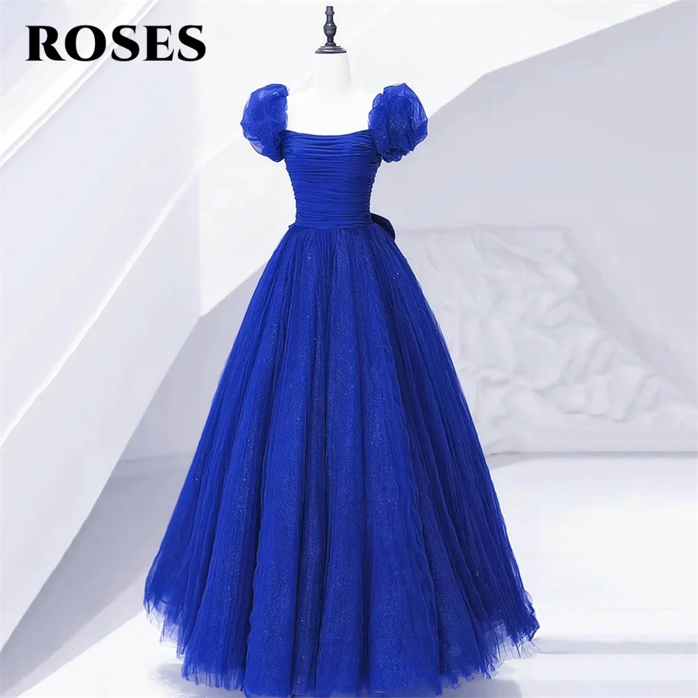 

ROSES Royal Blue Pleat Formal Dress Puff Sleeve Tulle Party Dress For Wedding A Line with Bow Special Occasion Dress robe soirée