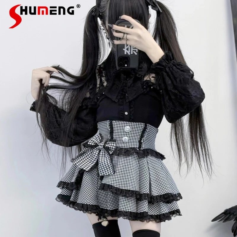 

Japanese Style Clear Series Mass-Produced Lace Sleeves Bowknot Top Shirt Rojita Black White Long Sleeved Single-Breasted Blouse