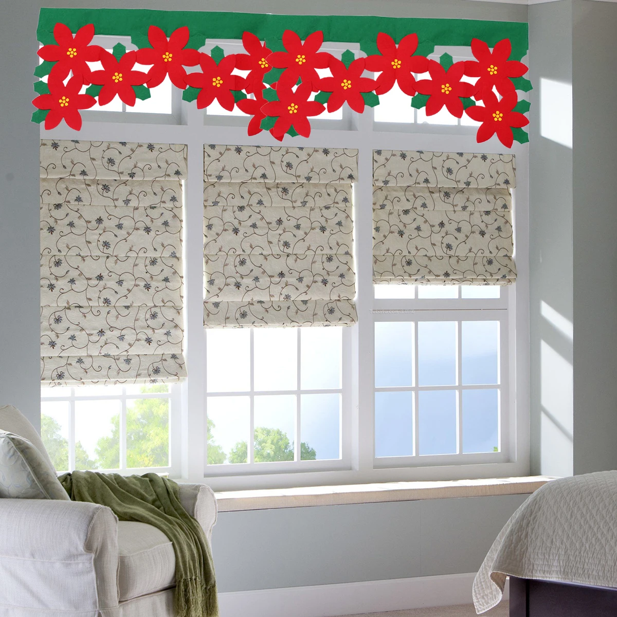 Red Flower Curtains Christmas Valance Bright Appliques Embroidery Hollow Pattern Festive Door Window Display Home Textiles