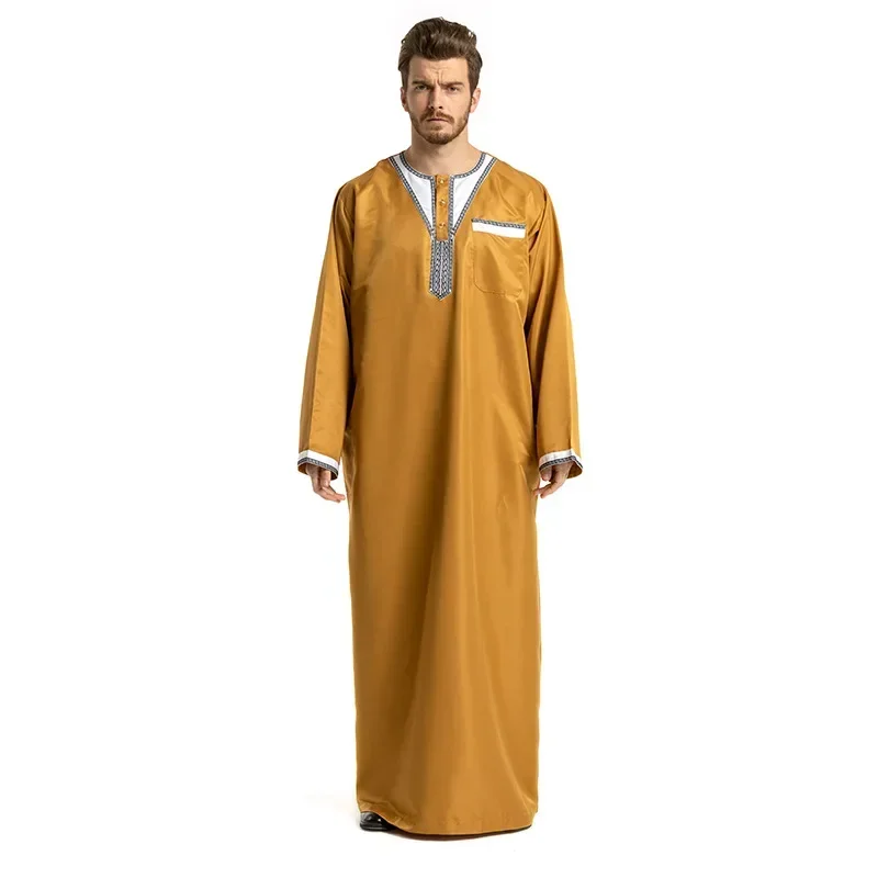 Abaya Muslim men's clothing, Arabian and Turkish fashionable Muslim, Middle East Dubai ethnic - style round - neck spliced robe