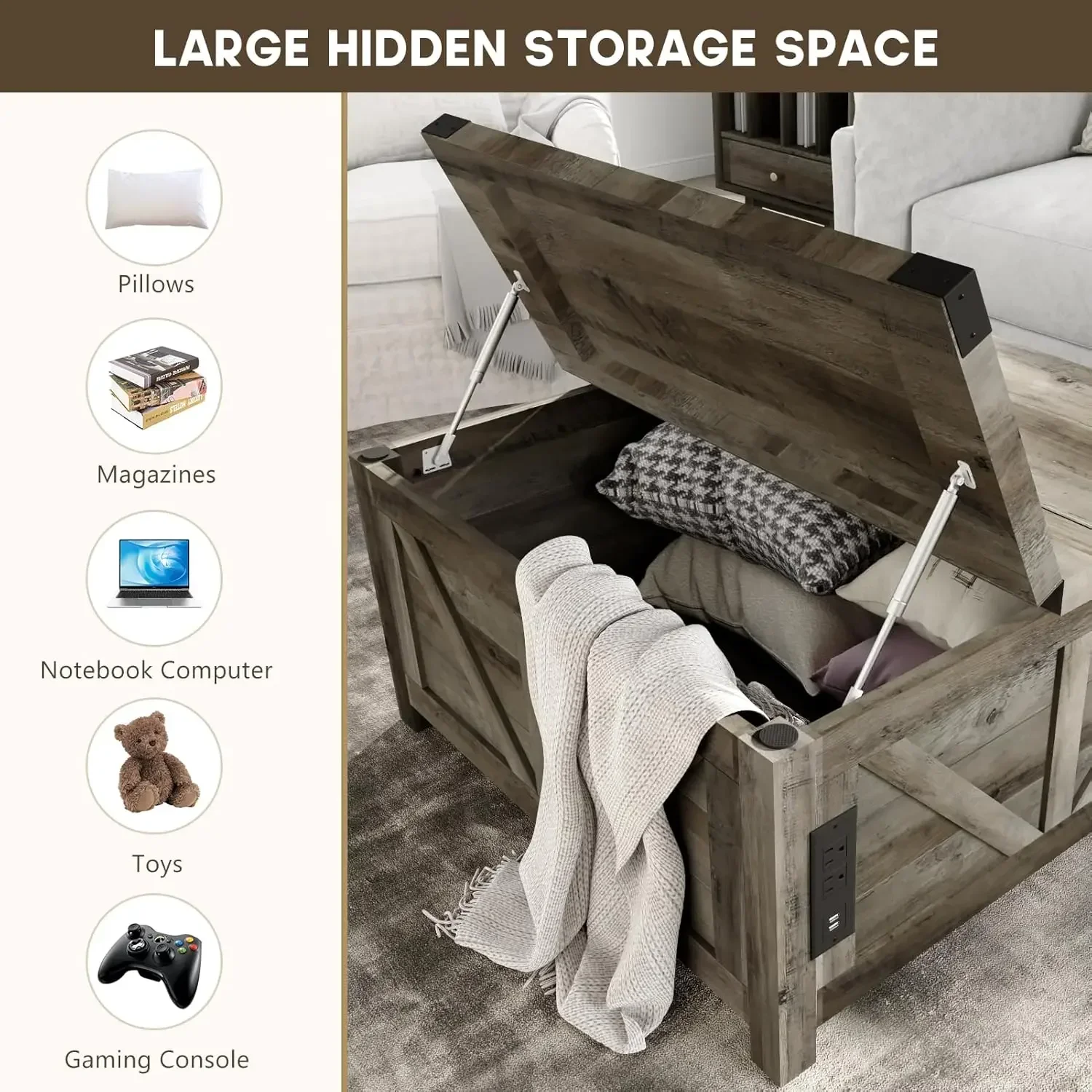 Lift Top Coffee Table with Storage, Central Table w/Large Hidden Space, for Living Room, Bedroom, Home Office