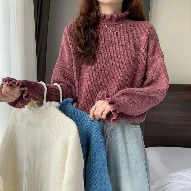 Zoki Elegant Ruffles Warm Sweater Fashion Korean Thick Mock Neck Flare Sleeve Sweet Pullovers Solid Preppy Sweet Casual Jumper