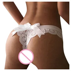 Bragas de encaje Sexy para mujer, ropa interior fina con lazo transparente, Tanga femenino de Color sólido, lencería íntima