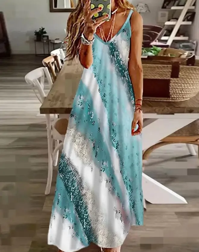 Casual Veren Vogel Print Spaghettiband Maxi Witte Jurk V-Hals Zomer Dagelijks Cami Uitlopende Vakantie Mode Dames Jurken