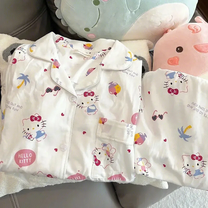 ชุดนอน Hello Kitty ใหม่ชุด pakaian rumahan สำหรับผู้หญิง, ชุดเสื้อผ้าสำหรับฤดูใบไม้ร่วงและฤดูหนาวลายการ์ตูน Sanrio กางเกงขายาวน่ารัก