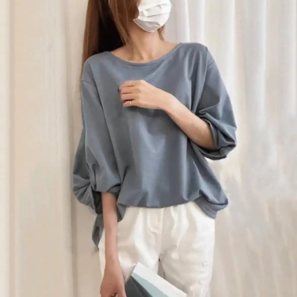 Loose Fit Tops Stylish Women's Summer Tops Round Neck Three-quarter Sleeve T-shirt with Knotted Cuffs Loose Fit for Women