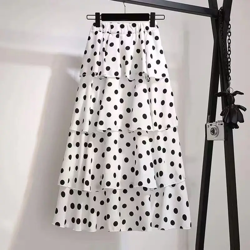 Summer Fashion Bohr Dot Slim Four Layers Chiffon Skirt Women Classic High Waisted Korean All-match Lady Casual Cake Skirt