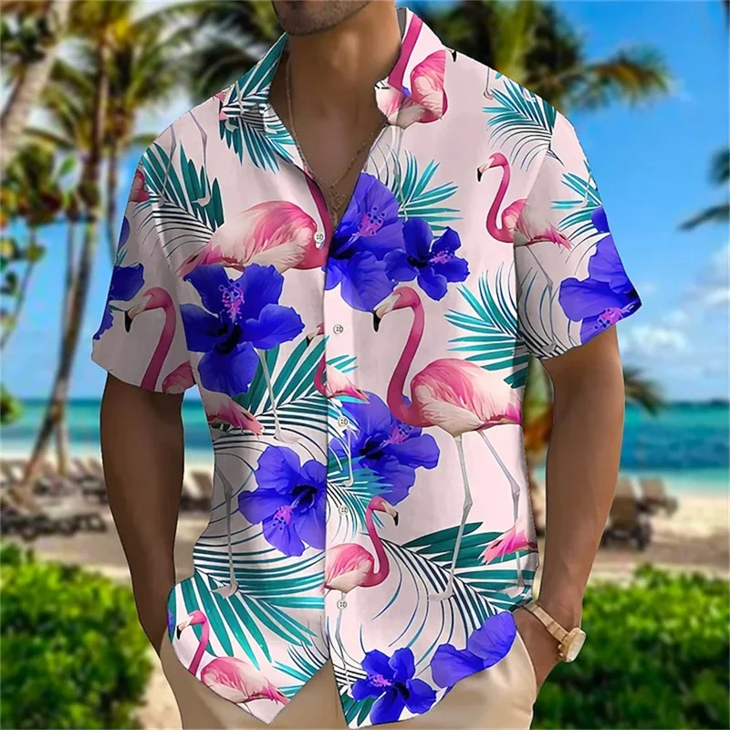 Flower Plants Pattern Hawaiian Shirt For Men Animal Flamingo 3D Printed Beach Shirts Oversize Loose Short Sleeve Aloha Shirts