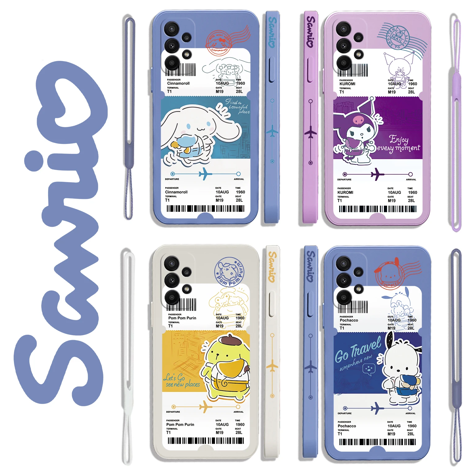 

Sanrio Air tickets Label Case For Samsung Galaxy S24 S23 S22 S21 S20 S10 Note 20 Lite Ultra Plus FE 4G 5G Cover With Hand Strap