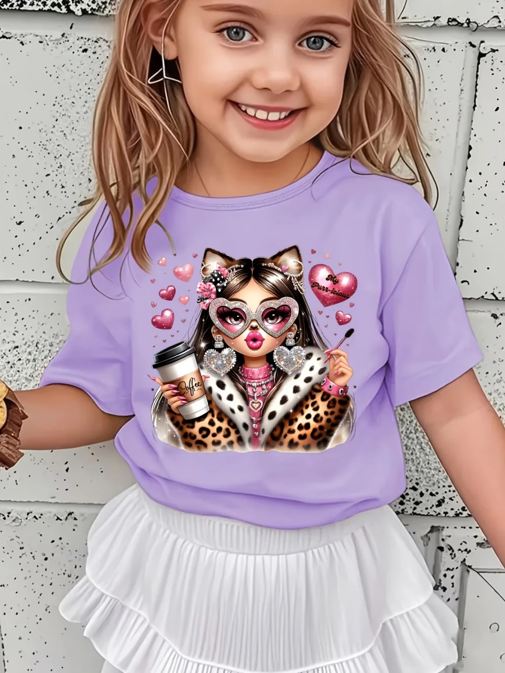 Girl's Leopard Heart Print Sweet Versatile Novelty T-Shirt Summer Street Fashion O-Neck Short Sleeve Children's Clothing Girls